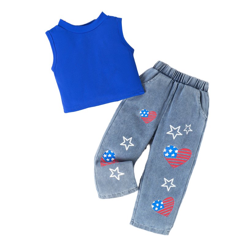 Cartoon girls Jeans sets Kids Clothing Casual Baby sets Denim Infant Trousers Boy Children Pants Boy Jean sleeveless tshirt suit