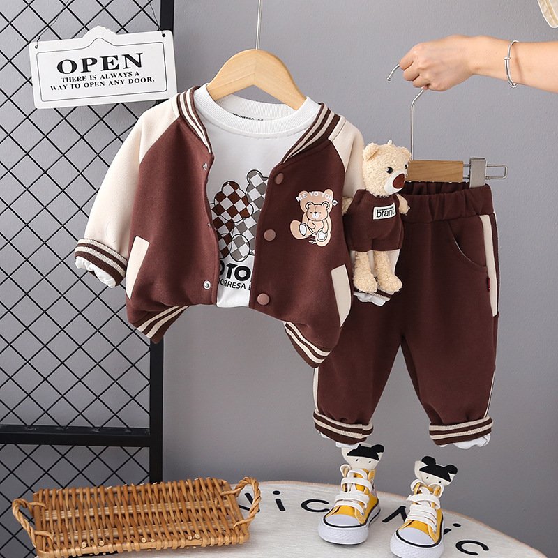 New Style Three-Piece Set for Toddler Boys Spring Autumn Cotton Baseball Jacket Bear Spliced Design Casual Pants Long Sleeves
