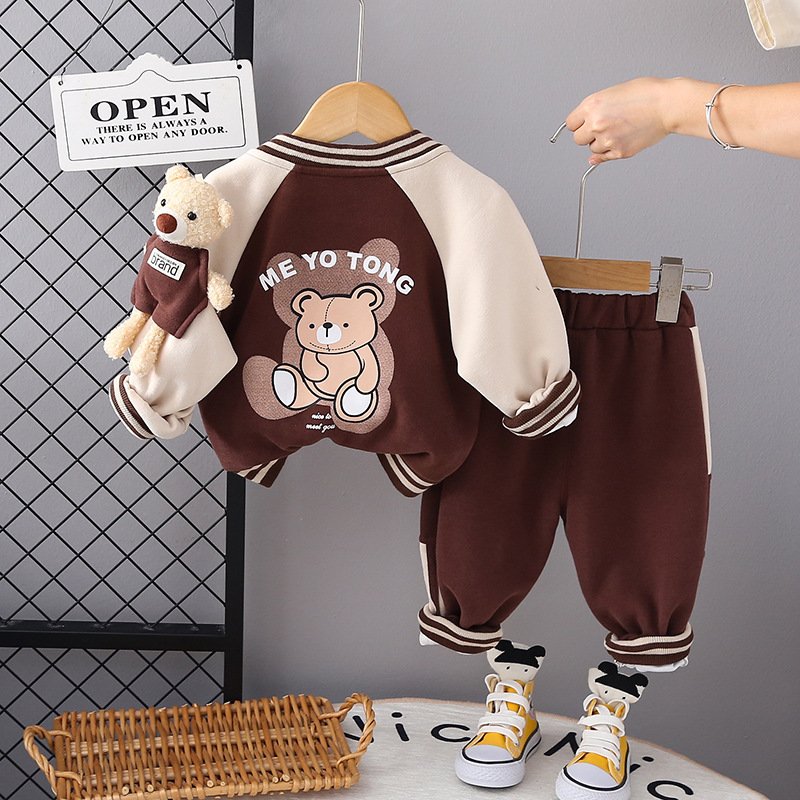 New Style Three-Piece Set for Toddler Boys Spring Autumn Cotton Baseball Jacket Bear Spliced Design Casual Pants Long Sleeves
