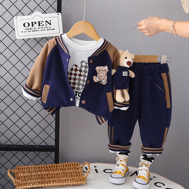 New Style Three-Piece Set for Toddler Boys Spring Autumn Cotton Baseball Jacket Bear Spliced Design Casual Pants Long Sleeves