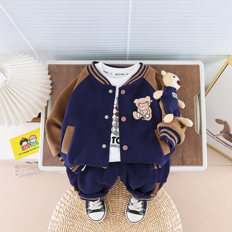 New Style Three-Piece Set for Toddler Boys Spring Autumn Cotton Baseball Jacket Bear Spliced Design Casual Pants Long Sleeves