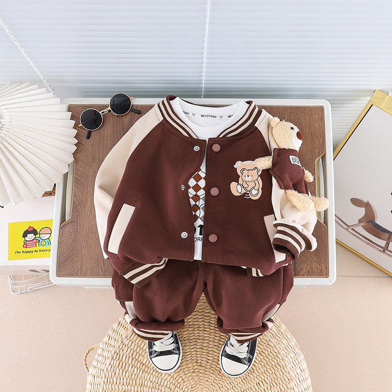 New Style Three-Piece Set for Toddler Boys Spring Autumn Cotton Baseball Jacket Bear Spliced Design Casual Pants Long Sleeves