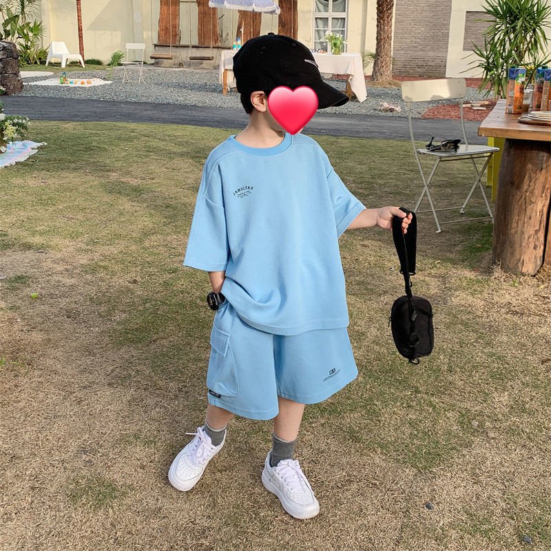 New Summer Casual Wear Letter Print Loose Solid Color Short Sleeves Pockets Trendy Boys Clothing Sets 2PCS Children Clothes