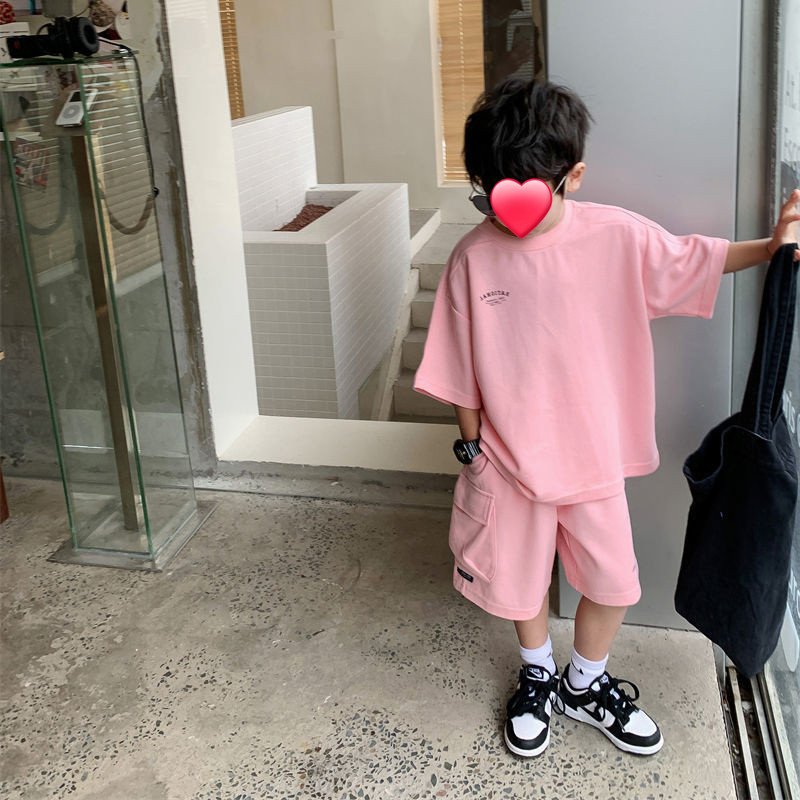 New Summer Casual Wear Letter Print Loose Solid Color Short Sleeves Pockets Trendy Boys Clothing Sets 2PCS Children Clothes