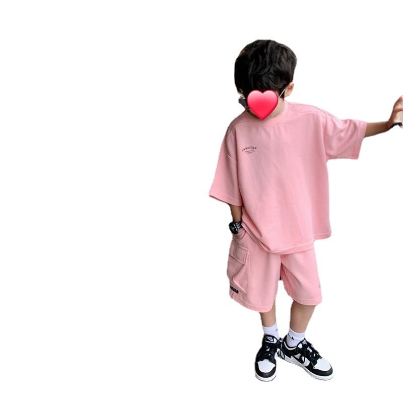 New Summer Casual Wear Letter Print Loose Solid Color Short Sleeves Pockets Trendy Boys Clothing Sets 2PCS Children Clothes