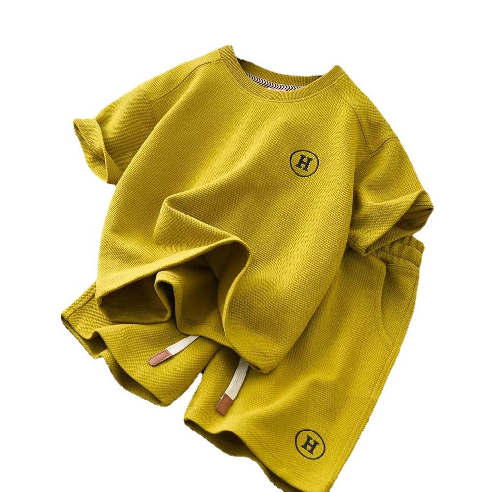 Children's short sleeved two-piece set Summer New Embroidered Waffle Half Sleeve Thin Set Boys clothing sets
