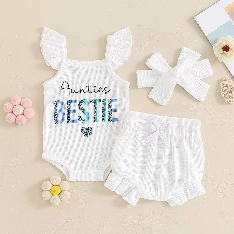Cute New Born Baby Girls Shorts 3Pcs Set Outfits Little Baby Clothes Fly Sleeve Letters Romper + Shorts + Hairband Kids Outfits