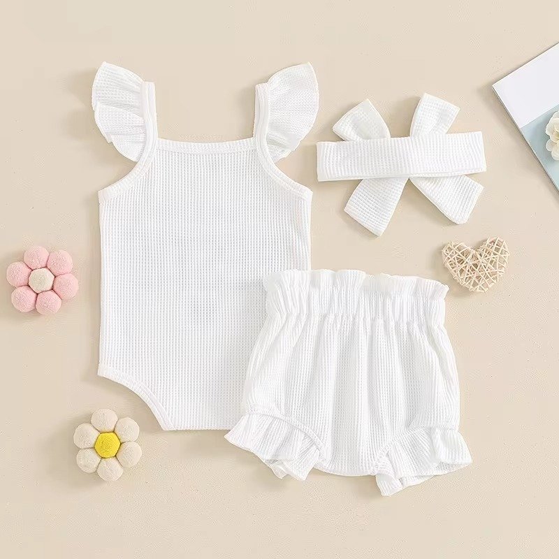Cute New Born Baby Girls Shorts 3Pcs Set Outfits Little Baby Clothes Fly Sleeve Letters Romper + Shorts + Hairband Kids Outfits