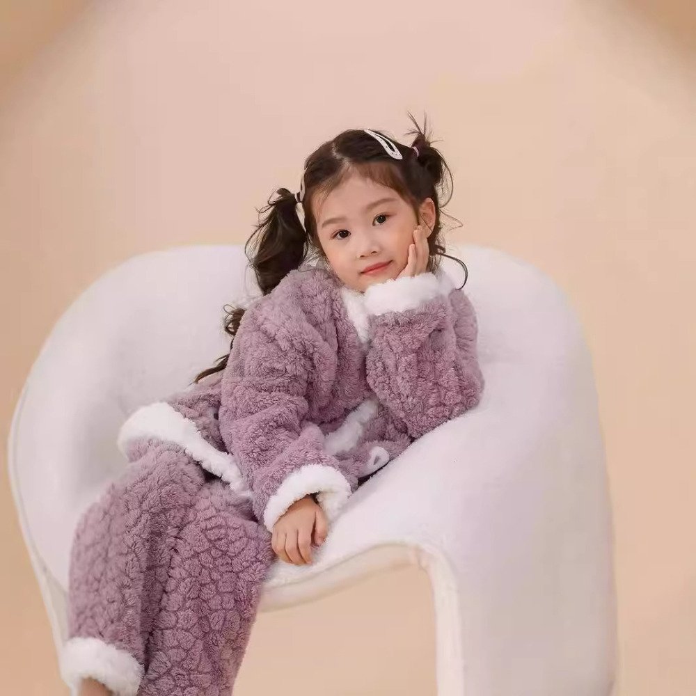 New Design Children Loungewear Cardigan Women Girls Pajamas Loose Flannel Kids Plush Boys Clothing Sets