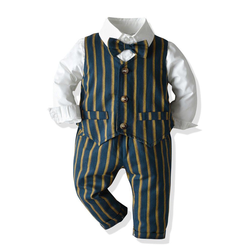 Green stripe boy suit clothing set kids party wear 2 year baby boy dress