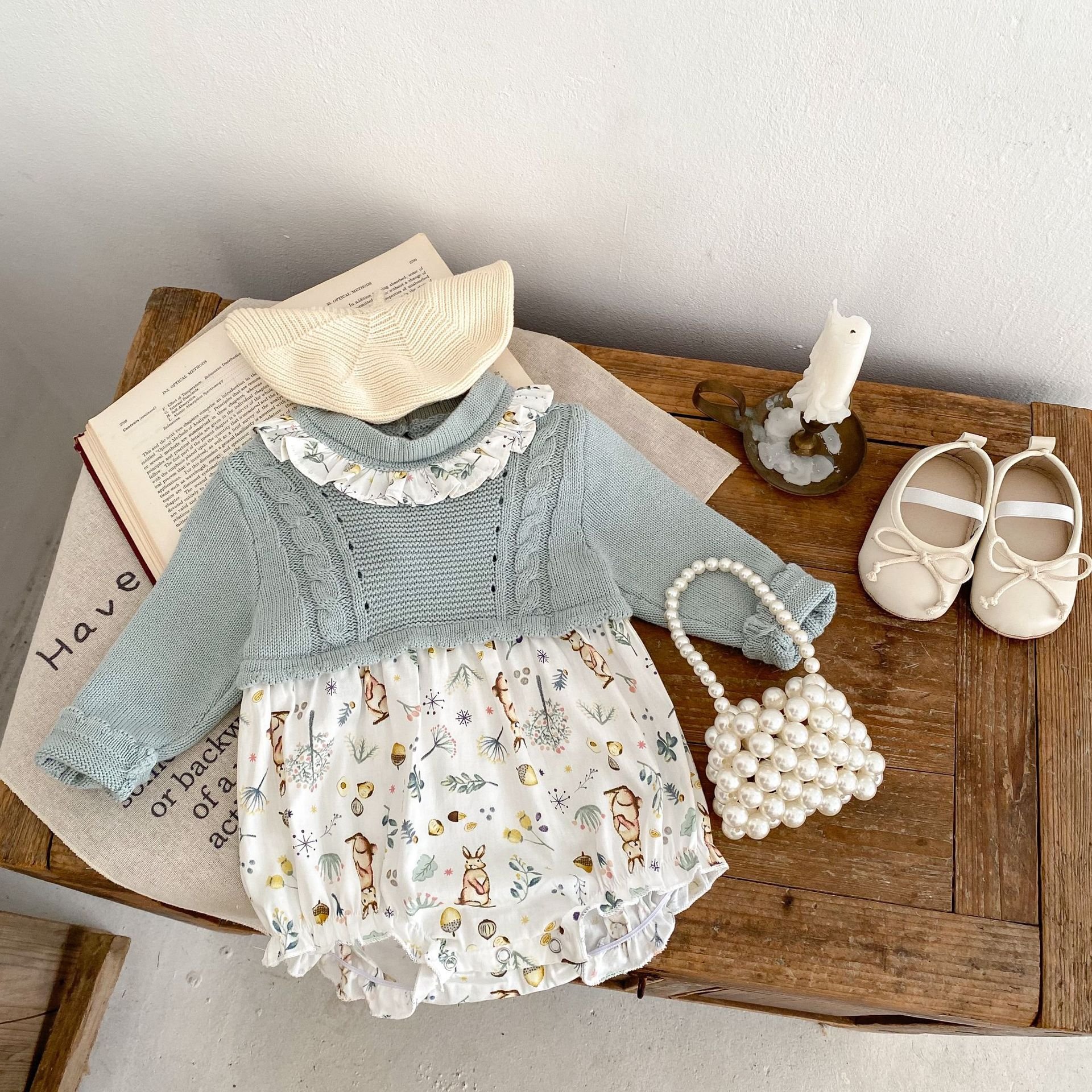 Engepapa fall newborn knit patchwork dress infant print long sleeve romper baby girls floral clothes