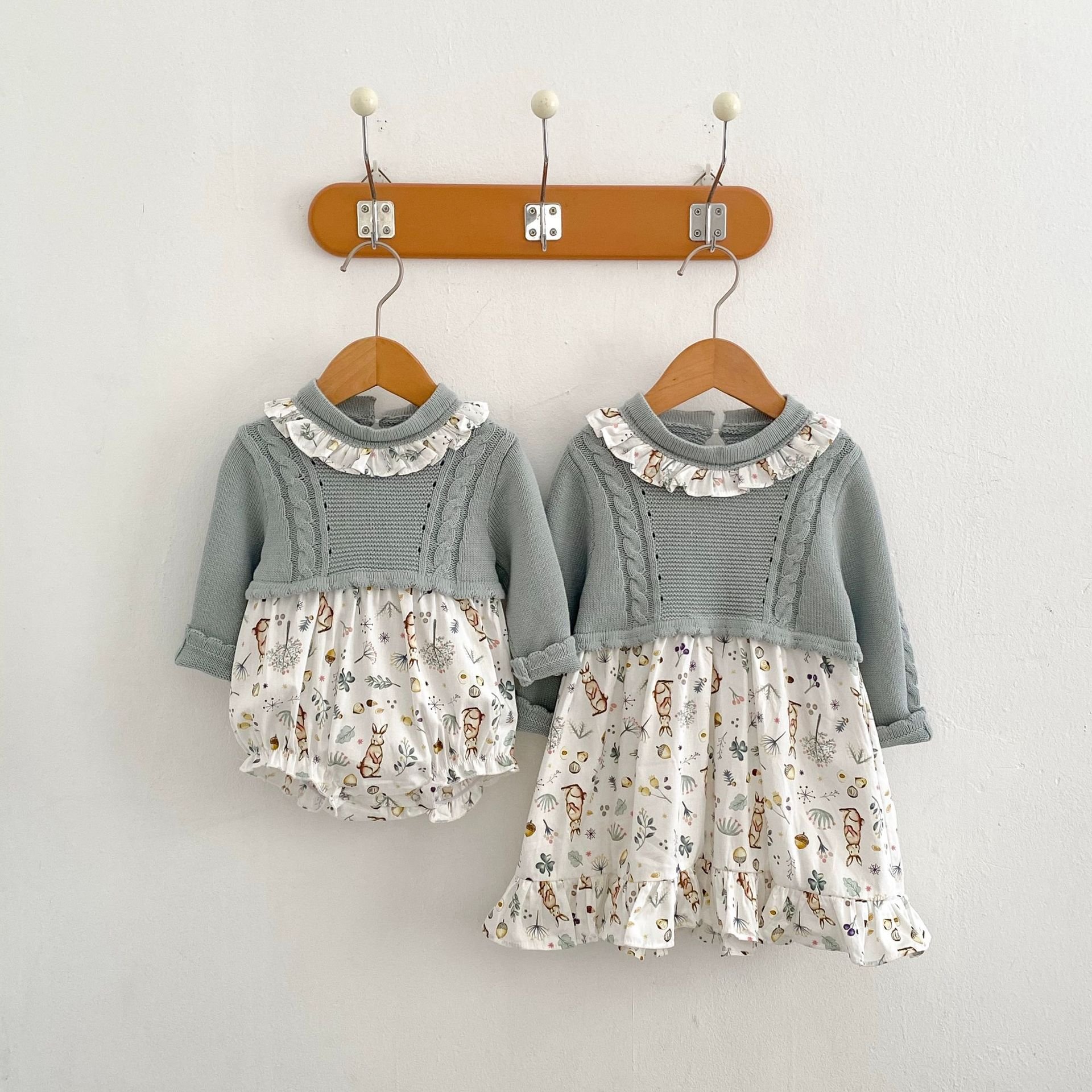 Engepapa fall newborn knit patchwork dress infant print long sleeve romper baby girls floral clothes