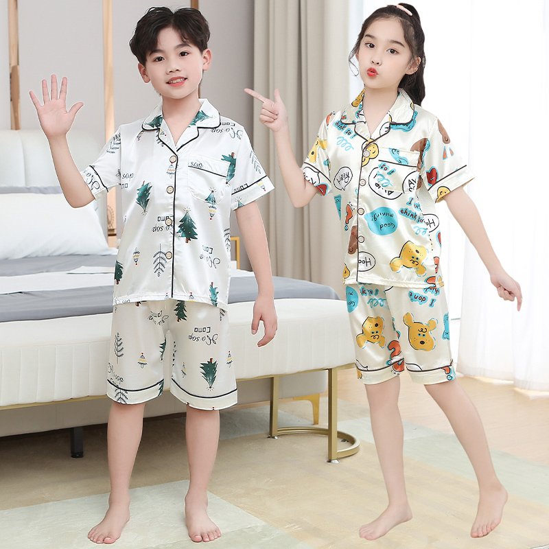 Summer Thin Ice Silk Boys Clothing Set Short-Sleeved Pajamas with Air-Conditioning Features Baby Pajamas Set