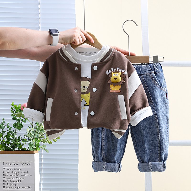 2024 Korean Style Kids Clothing Sets for Boys Age 1-5 Years Includes Jacket T-Shirt Trousers-3 Piece Cotton Sport Baseball Suit