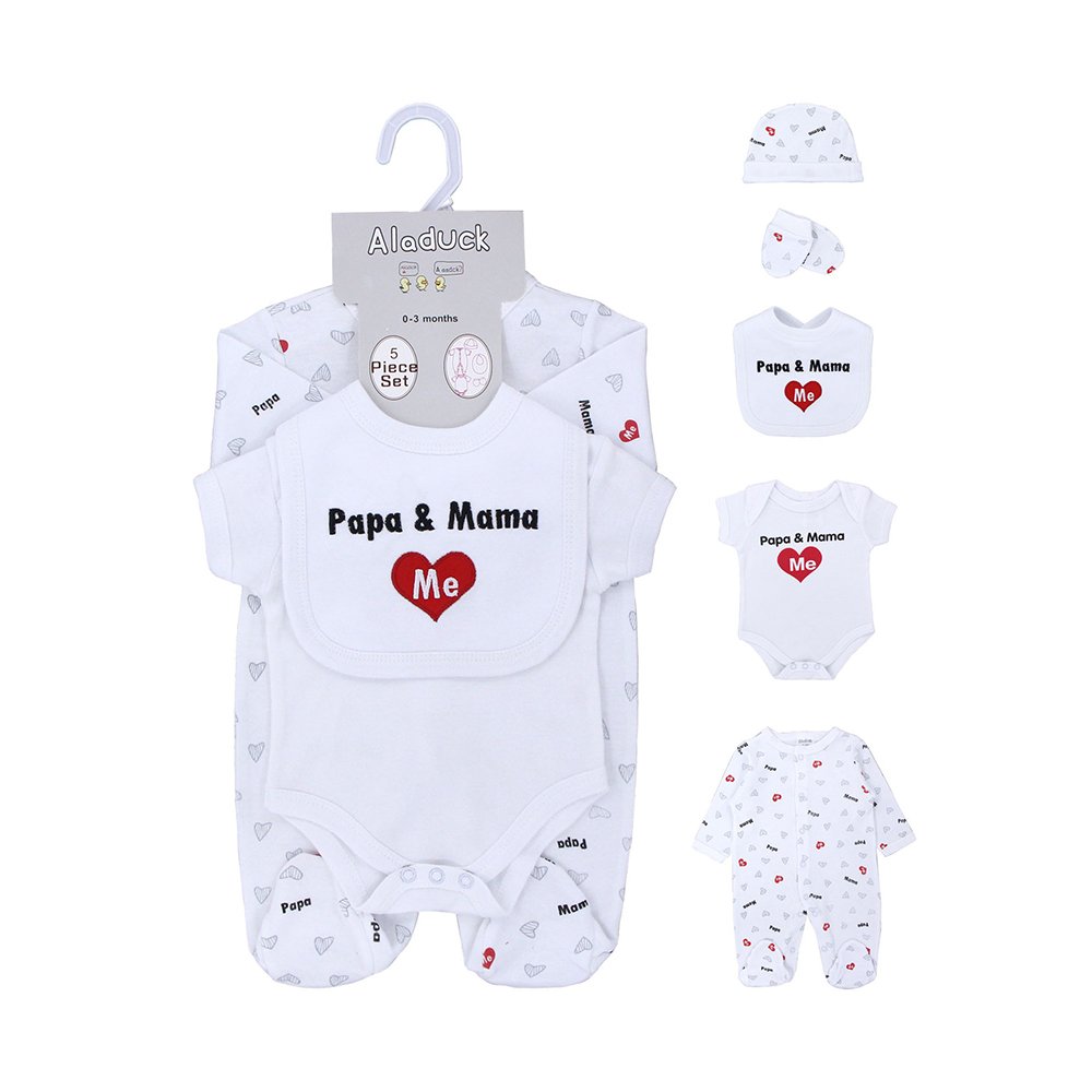 Retail Factory Hot Sales 0-9m Newborn Baby Girls Boysclothes Cotton Toddler Rompers Infant Gloves Hat Bib Pants 5pcs Sets