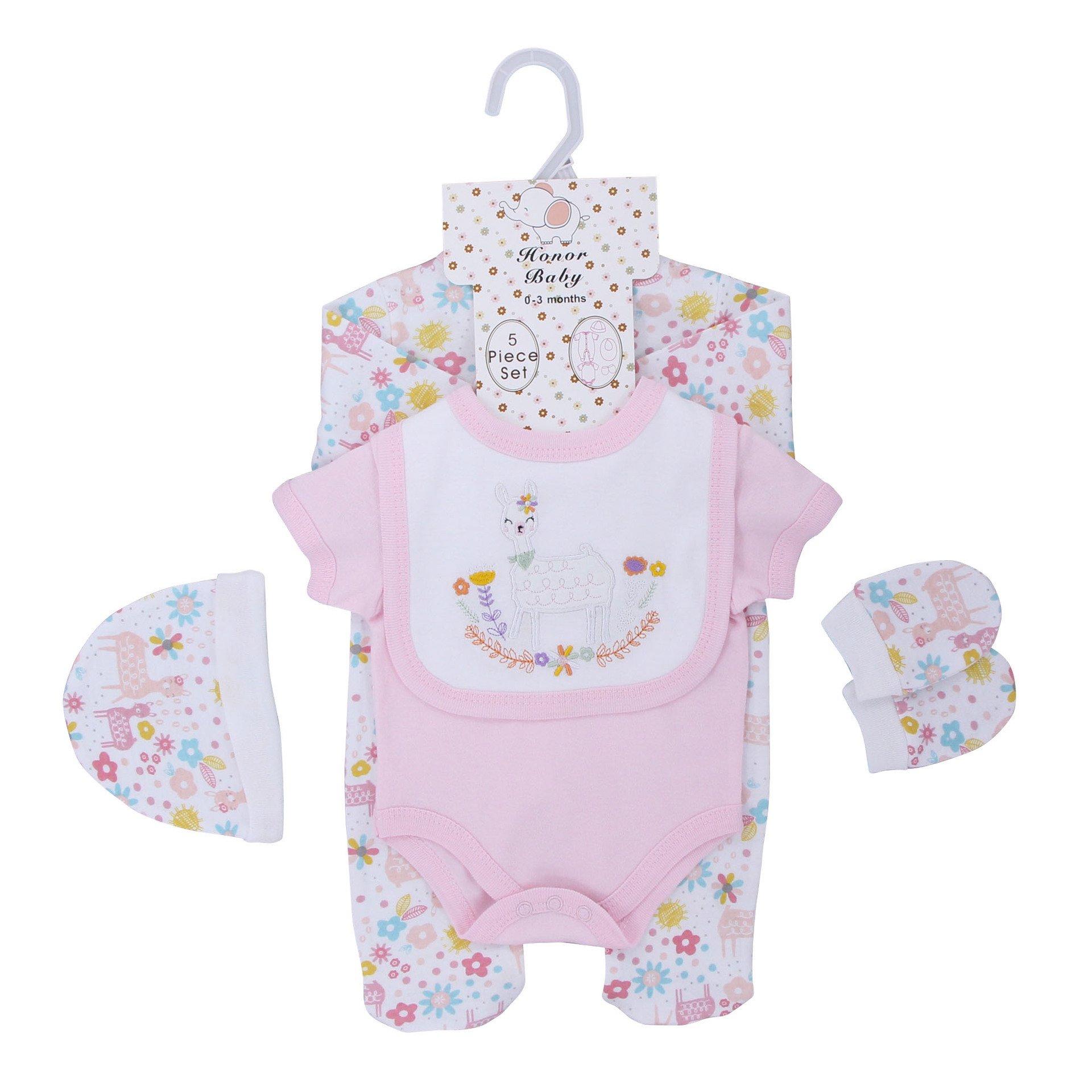 Retail Factory Hot Sales 0-9m Newborn Baby Girls Boysclothes Cotton Toddler Rompers Infant Gloves Hat Bib Pants 5pcs Sets