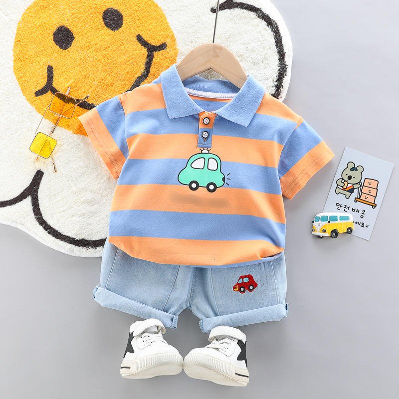 Wholesale Cotton Baby Clothes Stripe Car Printing 2PCS Boys Clothing Sets Summer Popular Comfortable Soft Boys Clothing Sets