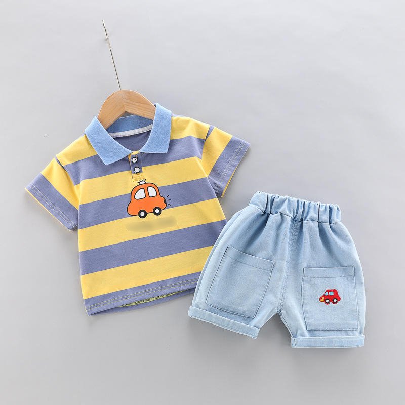 Wholesale Cotton Baby Clothes Stripe Car Printing 2PCS Boys Clothing Sets Summer Popular Comfortable Soft Boys Clothing Sets