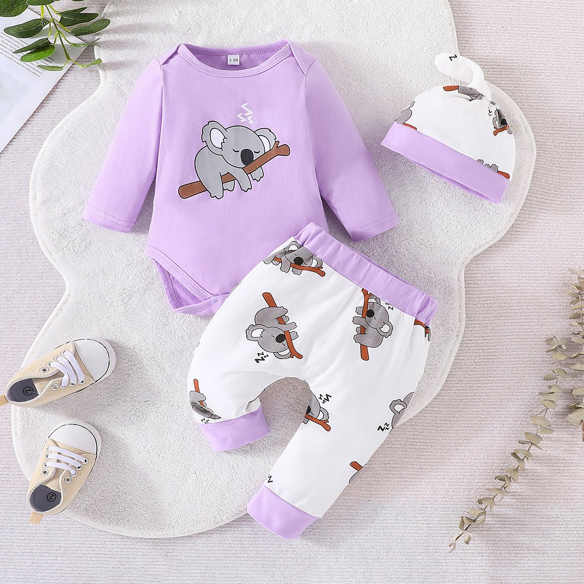 2023 Autumn Winter Infant Boys Girls Clothes Sleeping Koala Bodysuit Pants Hat 3Pcs Newborn Outfit Baby Clothing Sets