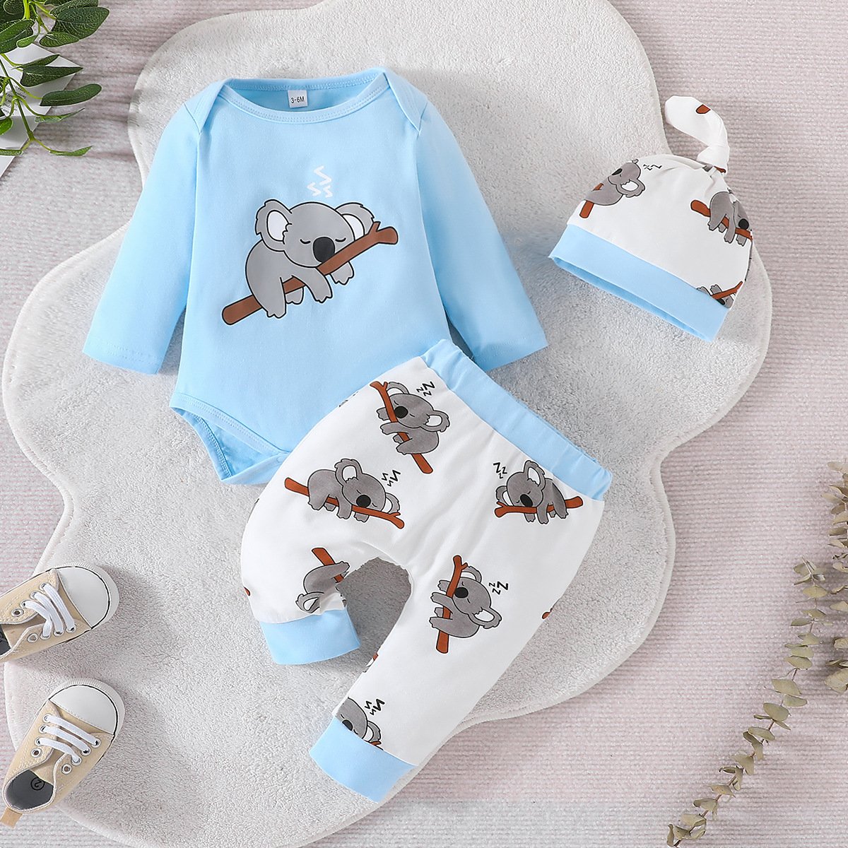 2023 Autumn Winter Infant Boys Girls Clothes Sleeping Koala Bodysuit Pants Hat 3Pcs Newborn Outfit Baby Clothing Sets