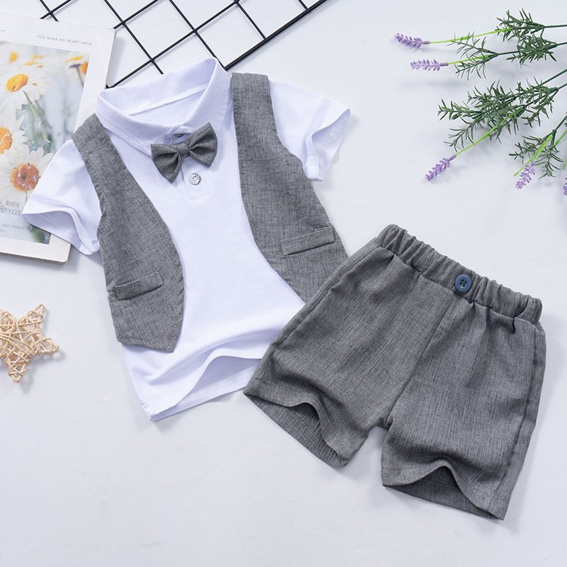 Fashion Summer Children's Clothing Suits Baby Boys Clothes Bow Tie Gentleman Outfits Wholesale Kids Boutique Clothing