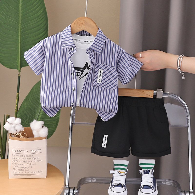 2024 New Boys Summer Clothes Children's Cotton Short Sleeve Shirt Set Striped Suit