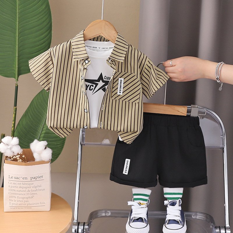 2024 New Boys Summer Clothes Children's Cotton Short Sleeve Shirt Set Striped Suit