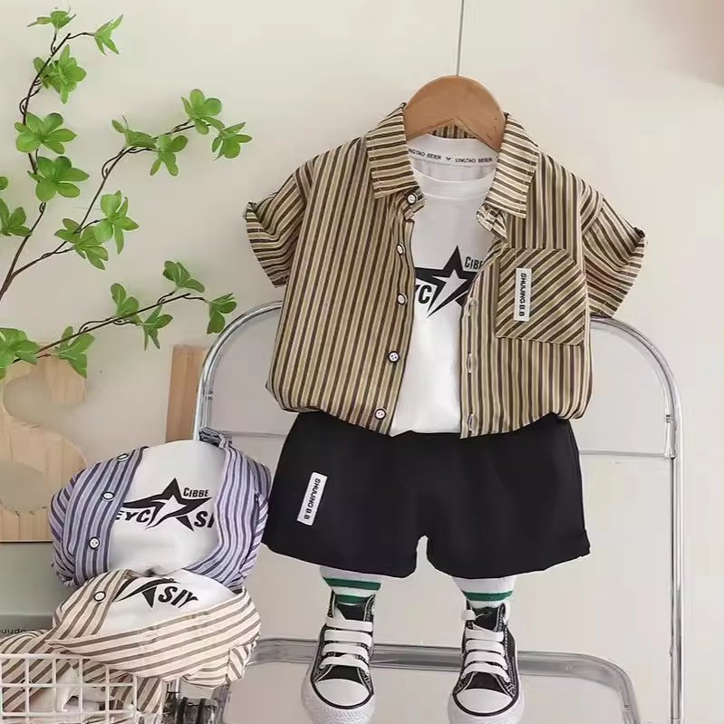 2024 New Boys Summer Clothes Children's Cotton Short Sleeve Shirt Set Striped Suit