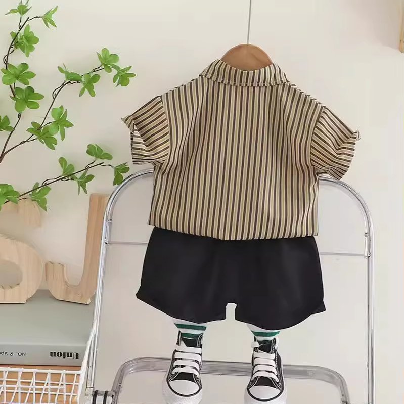 2024 New Boys Summer Clothes Children's Cotton Short Sleeve Shirt Set Striped Suit