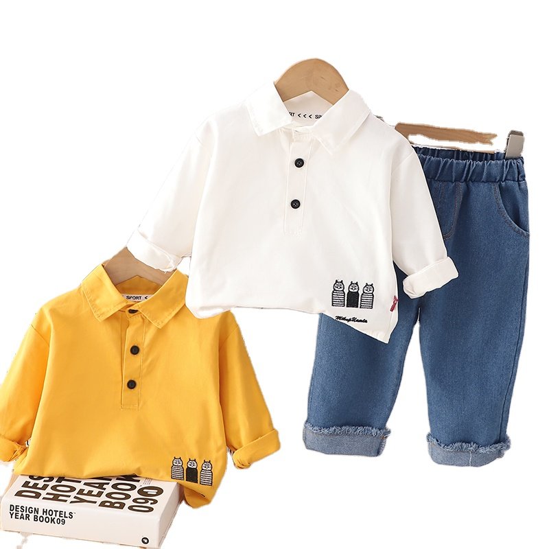 Spring and Autumn Two-Piece Boy Clothing Set Solid Color Long Sleeved Shirt and Jeans for 2-3 Years Cotton Fabric Solid Pattern