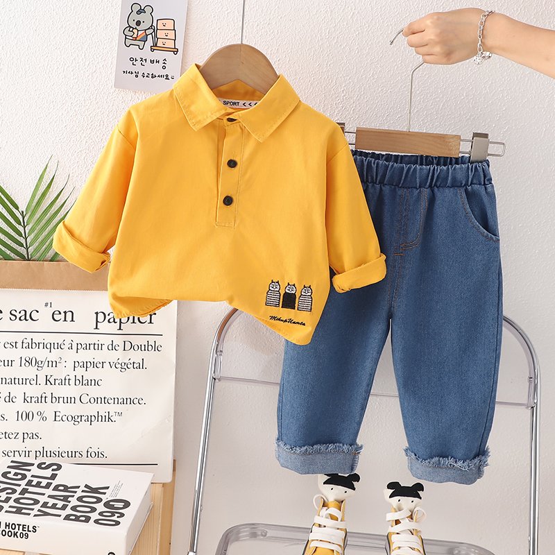 Spring and Autumn Two-Piece Boy Clothing Set Solid Color Long Sleeved Shirt and Jeans for 2-3 Years Cotton Fabric Solid Pattern