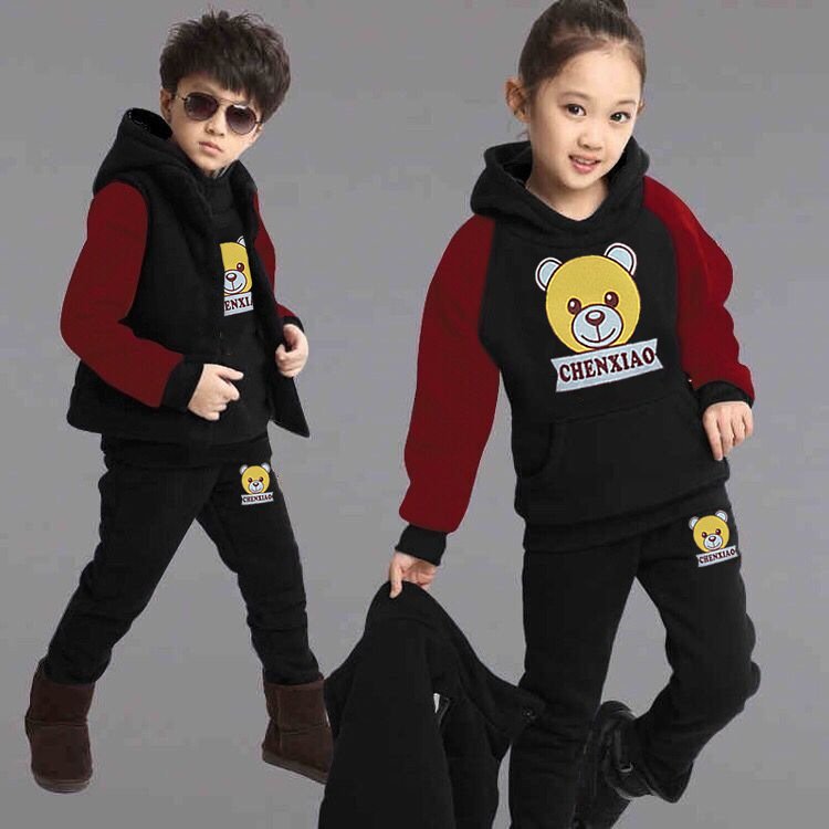 Hot Sale Ow Price Children's Winter Suit Boys And Girls Sweater Plus Velvet Warm Three-piece Children's Clothing Sets