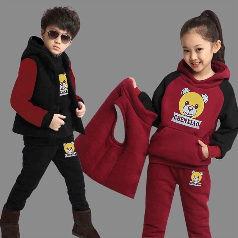Hot Sale Ow Price Children's Winter Suit Boys And Girls Sweater Plus Velvet Warm Three-piece Children's Clothing Sets
