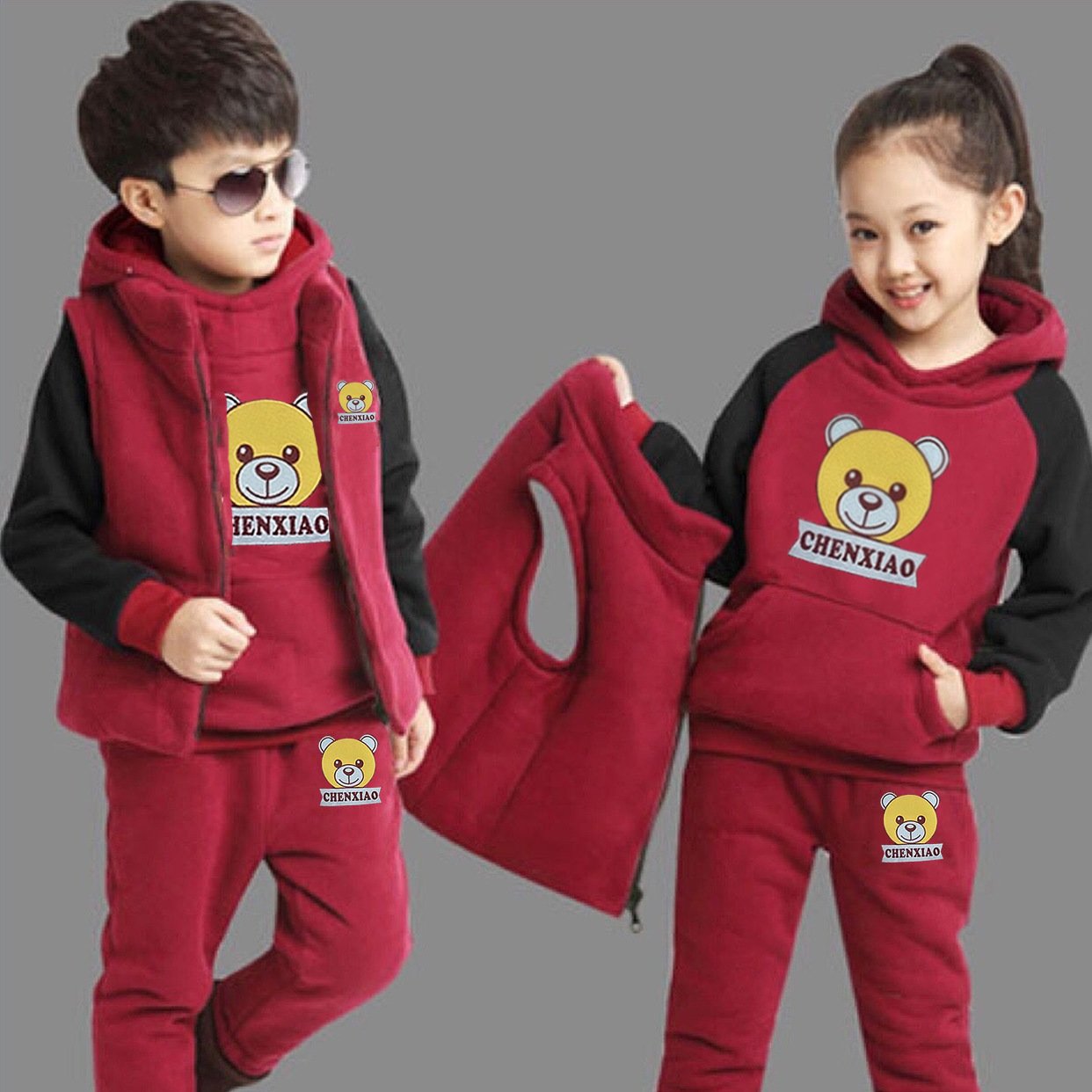 Hot Sale Ow Price Children's Winter Suit Boys And Girls Sweater Plus Velvet Warm Three-piece Children's Clothing Sets