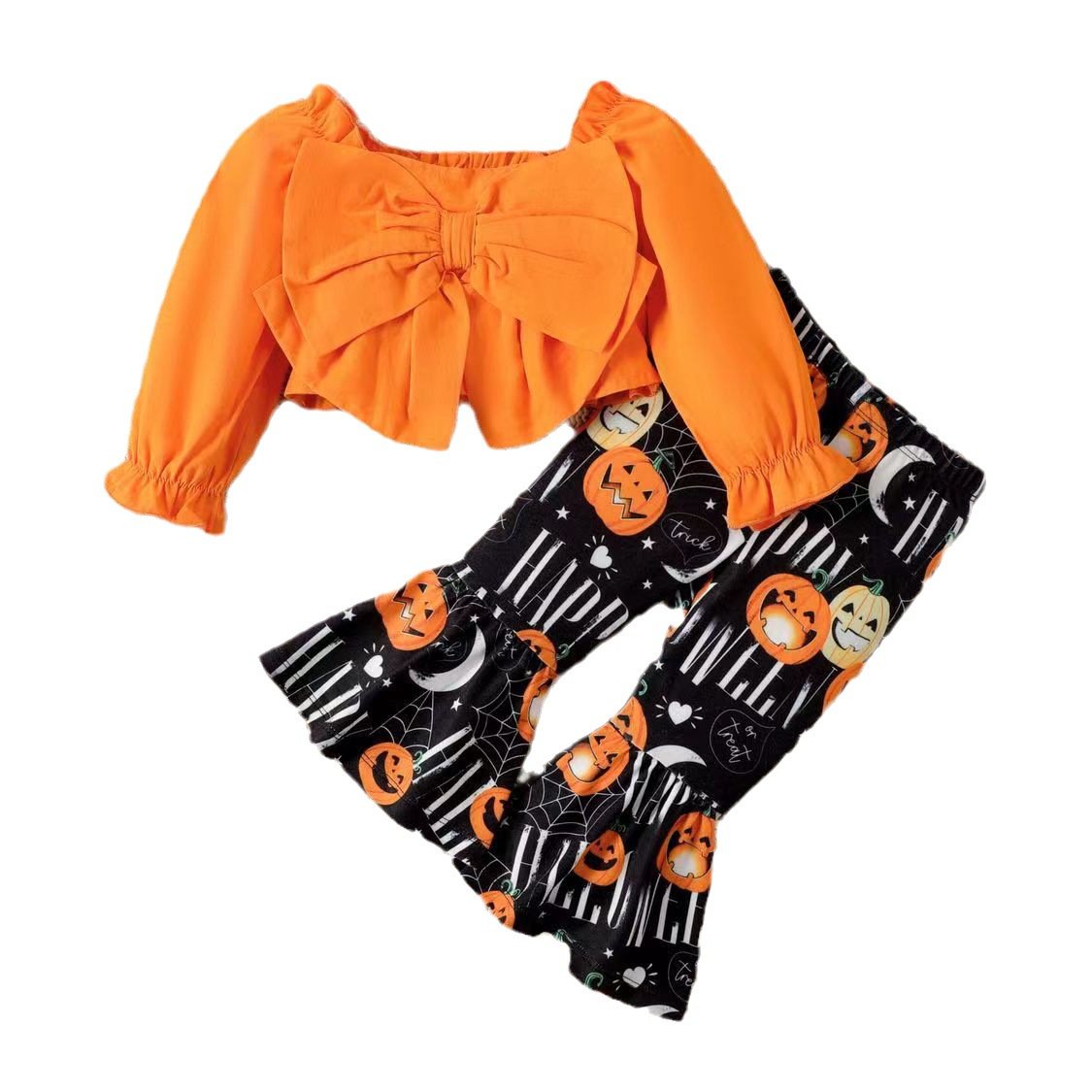 Halloween fall/Winter set for girls big bow top pumpkin flare pants milk silk fabric