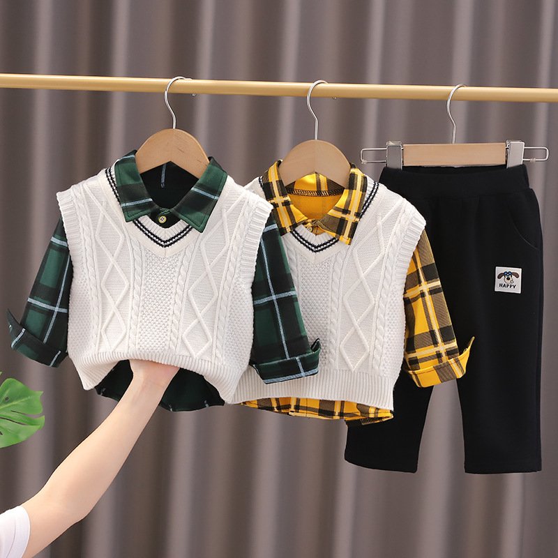 Wholesale Children 3pcs Suit Autumn Spring Plaid Casual Kids Boys Clothing Sets