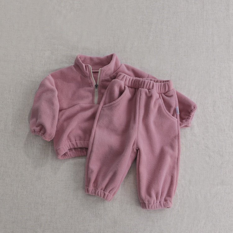 1-3 year old baby Standing Collar Plush Set, Baby Two-piece Set for Exter Autumn and Winter Infant and toddler fleeced 2pcs