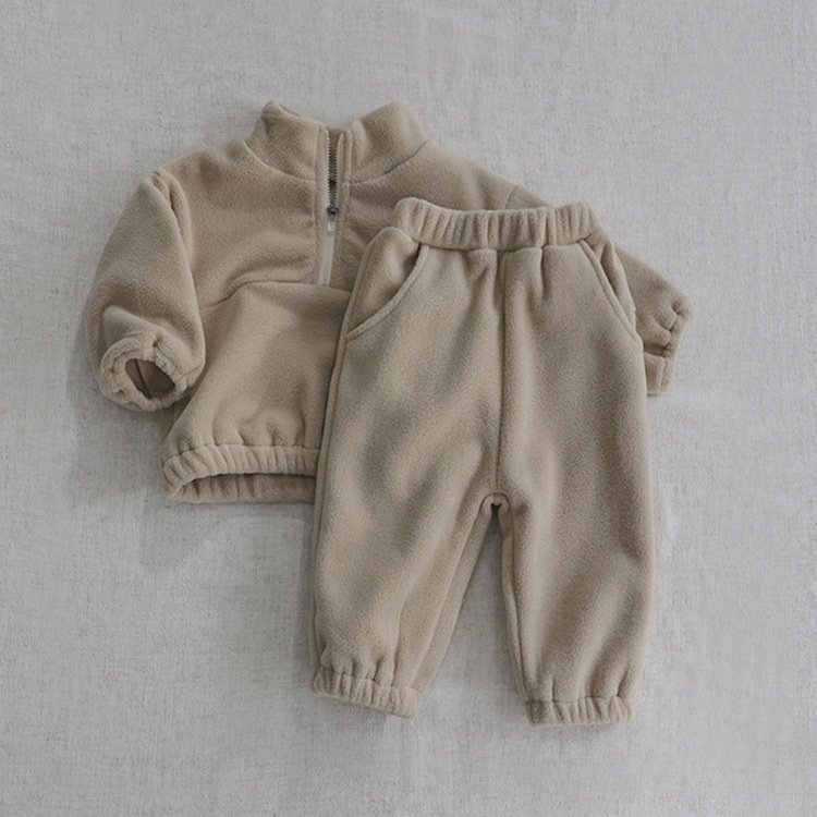 1-3 year old baby Standing Collar Plush Set, Baby Two-piece Set for Exter Autumn and Winter Infant and toddler fleeced 2pcs