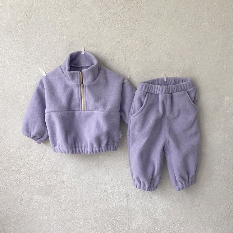 1-3 year old baby Standing Collar Plush Set, Baby Two-piece Set for Exter Autumn and Winter Infant and toddler fleeced 2pcs