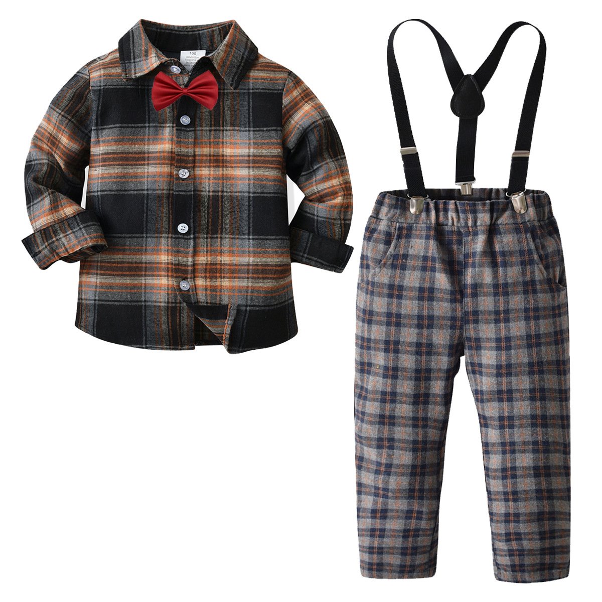 Wholesale Kids Clothing Boys Plaid Shirts Suspenders Suit Children's Clothes Boys Clothing Sets Formal Bow Tie Outfit For Boys