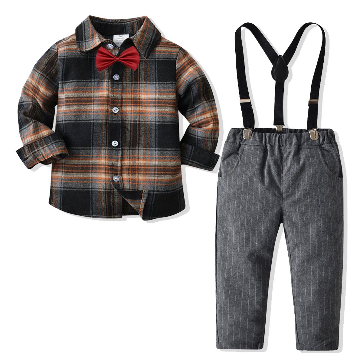 Wholesale Kids Clothing Boys Plaid Shirts Suspenders Suit Children's Clothes Boys Clothing Sets Formal Bow Tie Outfit For Boys
