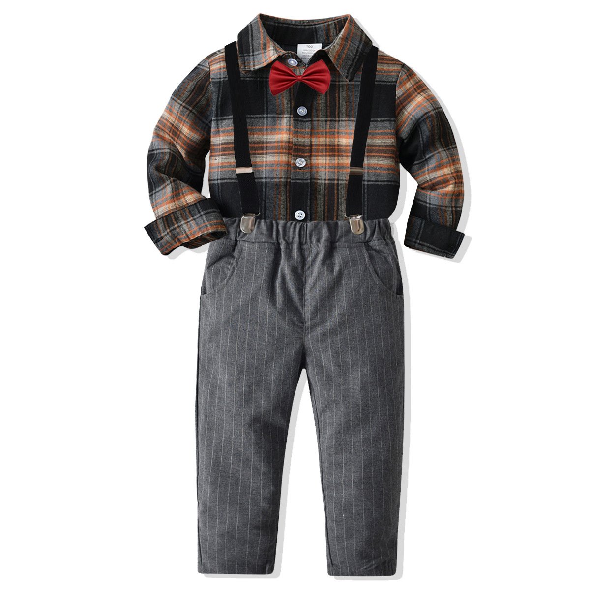 Wholesale Kids Clothing Boys Plaid Shirts Suspenders Suit Children's Clothes Boys Clothing Sets Formal Bow Tie Outfit For Boys
