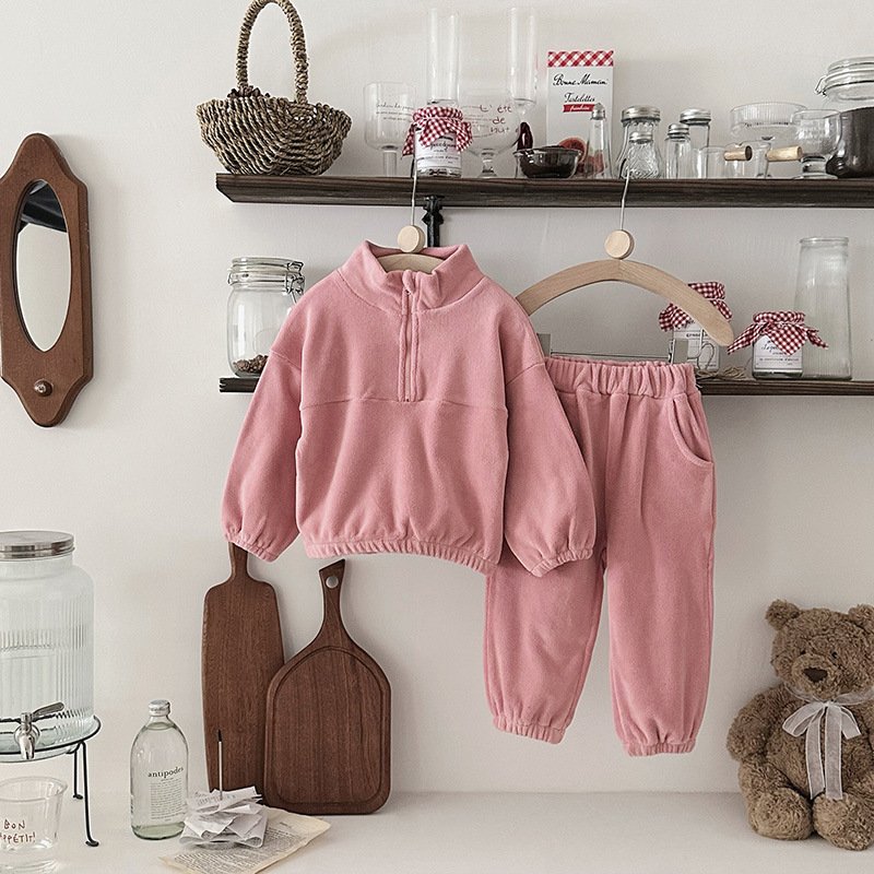 2024 Autumn winter baby sports set double fleece stand zipper collar toddler girl boy clothing set baby outwear two piece set