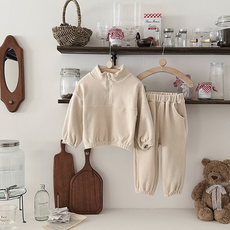 2024 Autumn winter baby sports set double fleece stand zipper collar toddler girl boy clothing set baby outwear two piece set