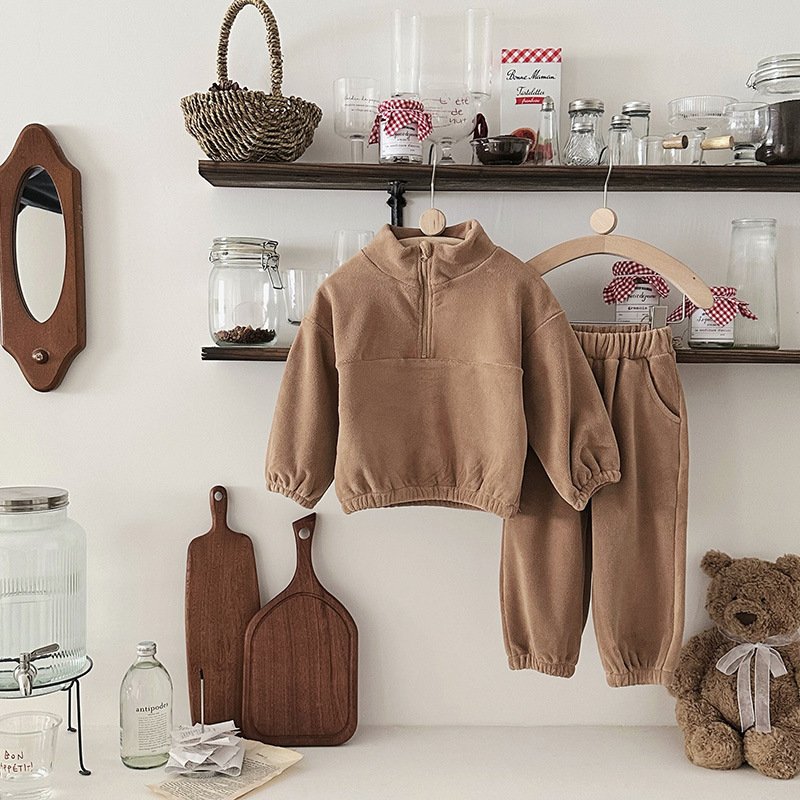2024 Autumn winter baby sports set double fleece stand zipper collar toddler girl boy clothing set baby outwear two piece set