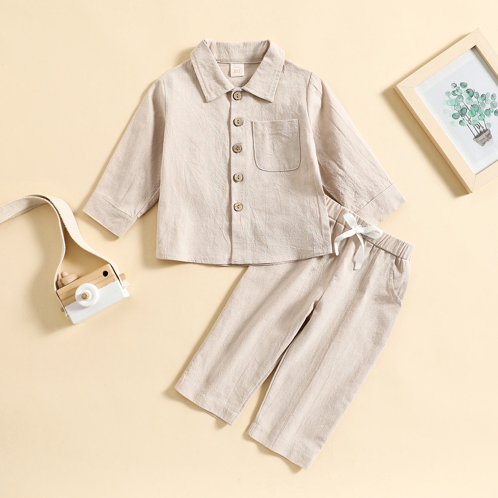 Qingli Oem Children's Boutique Clothing Set Cotton Linen Suit Baby Boys Solid Color Casual 2 Pcs Outfit