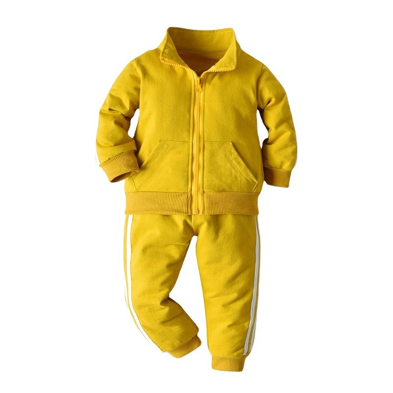 Wholesale Good Quality Custom Solid Color Children Soft Cotton Sweatsuit Tops for Boys Kids zipper hooded 2 piece children sets