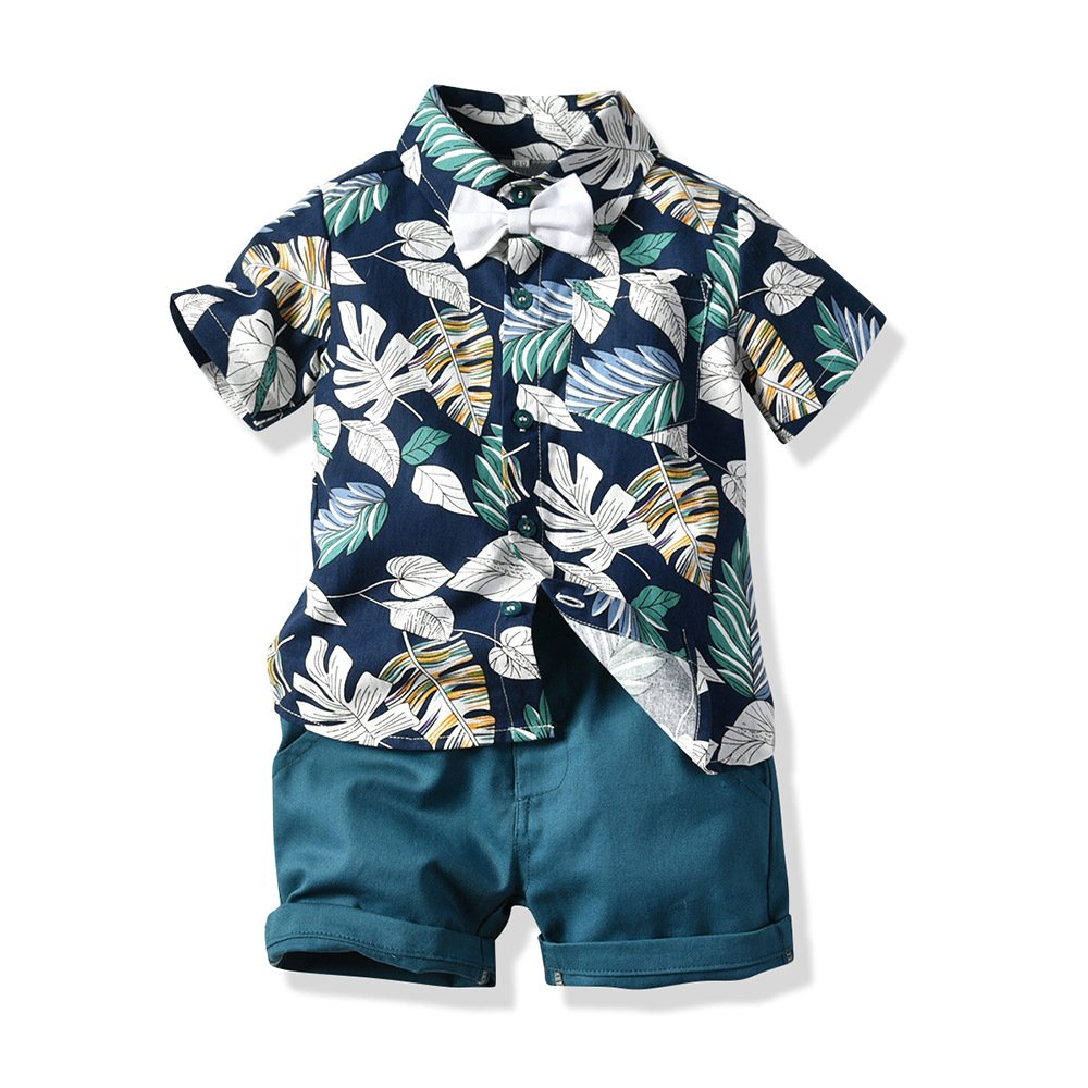 New Style Hot selling Fashionable casual children's clothing leaf print shirt bow shorts boys outfits clothing sets