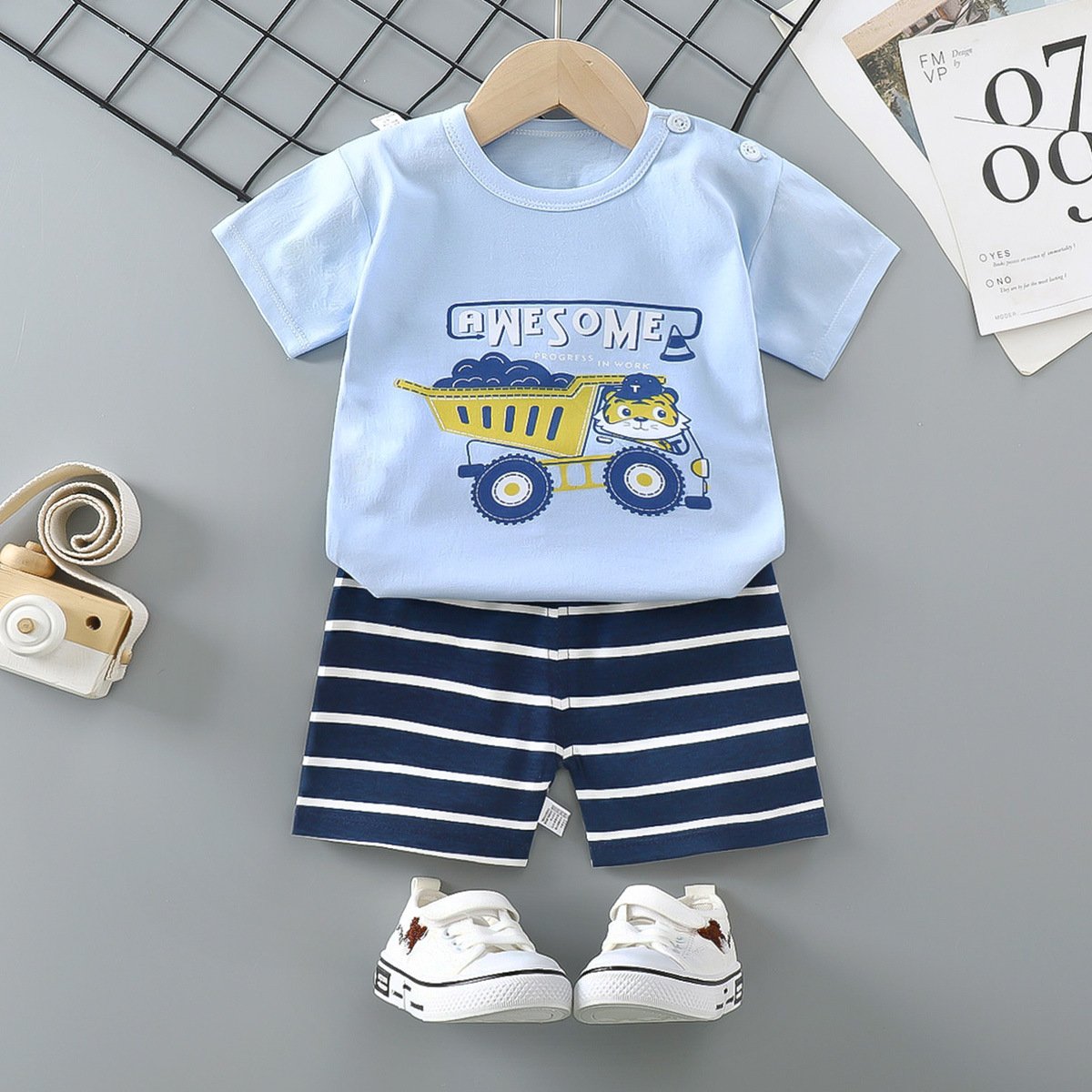 Summer Boy Pure Cotton Soft Children Wear Short Sleeve Shirts Printed Shorts Casual Sets Outfits