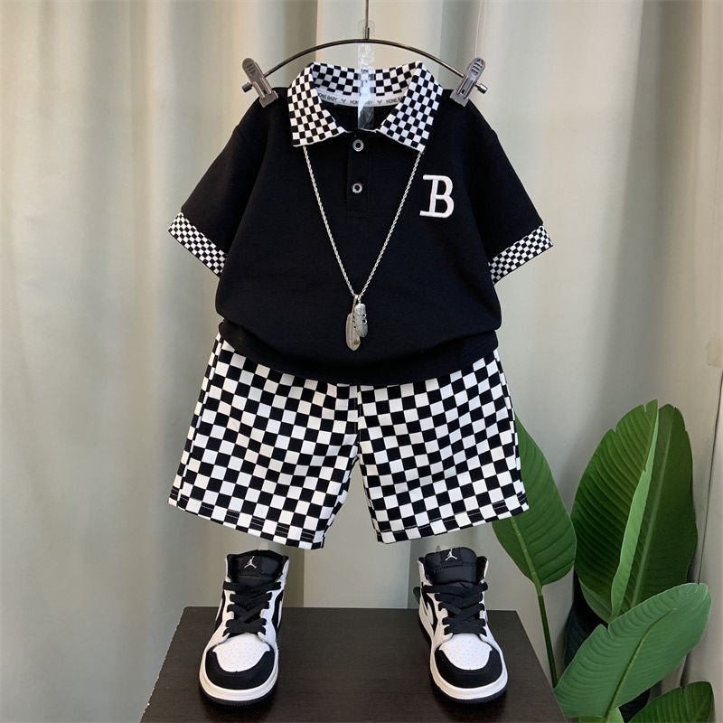 2024 wholesale kids clothing plaid kids boys summer clothes 2pcs set top+ pants kids wear children clothing sets